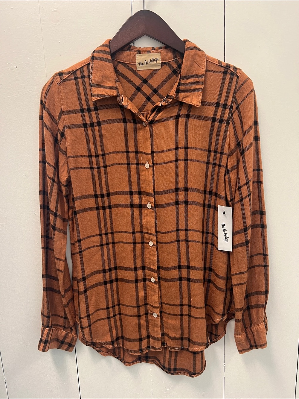 Nwt The Nu Vintage Rust Plaid Button-Down Shirt 100% rayon Sz S